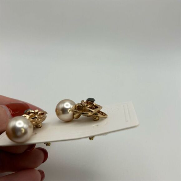 Textured Bronze Floral Stud Earrings with Faux Pearl Drop Classic Elegant - Picture 7 of 10
